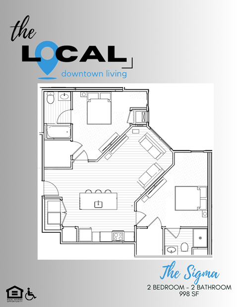 Floor plan for 2 beds, 2 baths, 998 sqft